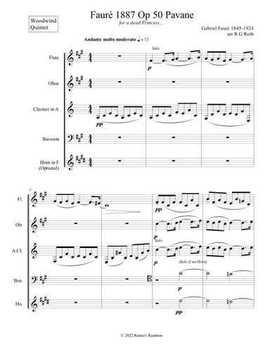 Fauré 1887 Op 50 Pavane Woodwind Quintet (arr. R G Roth)