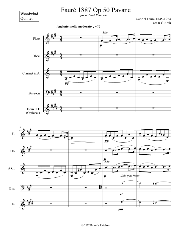 Fauré 1887 Op 50 Pavane Woodwind Quintet (arr. R G Roth)