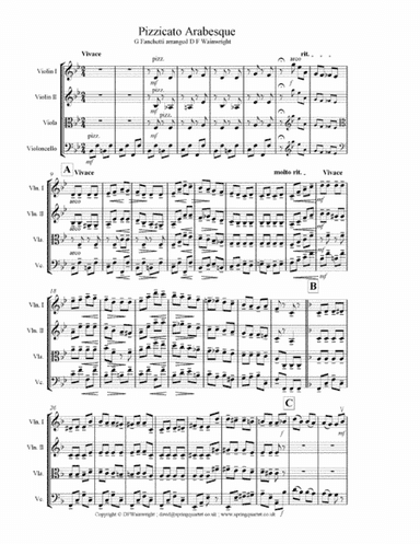 Pizzicato Arabesque by G Fanchetti arranged for string quartet with score & parts (arr. D F Wainwright)