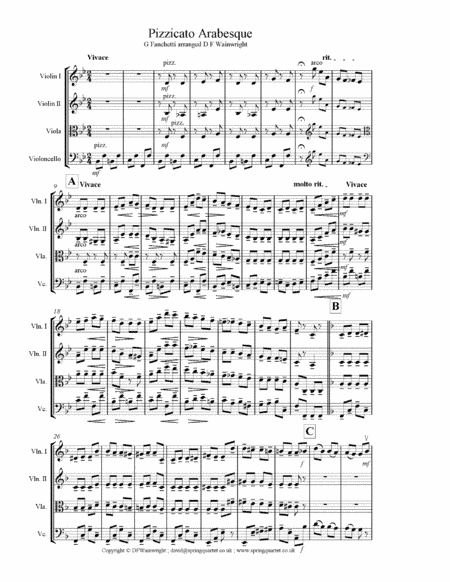 Pizzicato Arabesque by G Fanchetti arranged for string quartet with score & parts (arr. D F Wainwright)