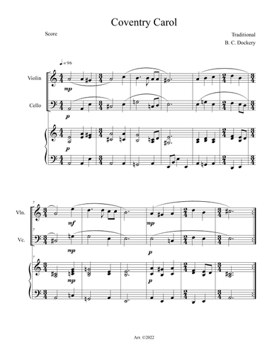 Coventry Carol (Violin and Cello Duet with Piano Accompaniment) (arr. B. C. Dockery)