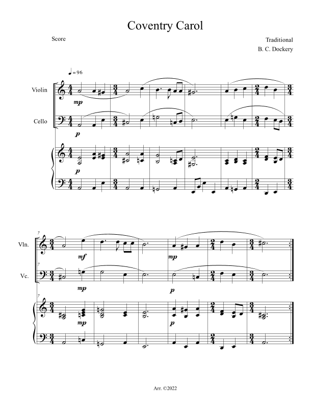 Coventry Carol (Violin and Cello Duet with Piano Accompaniment) (arr. B. C. Dockery)