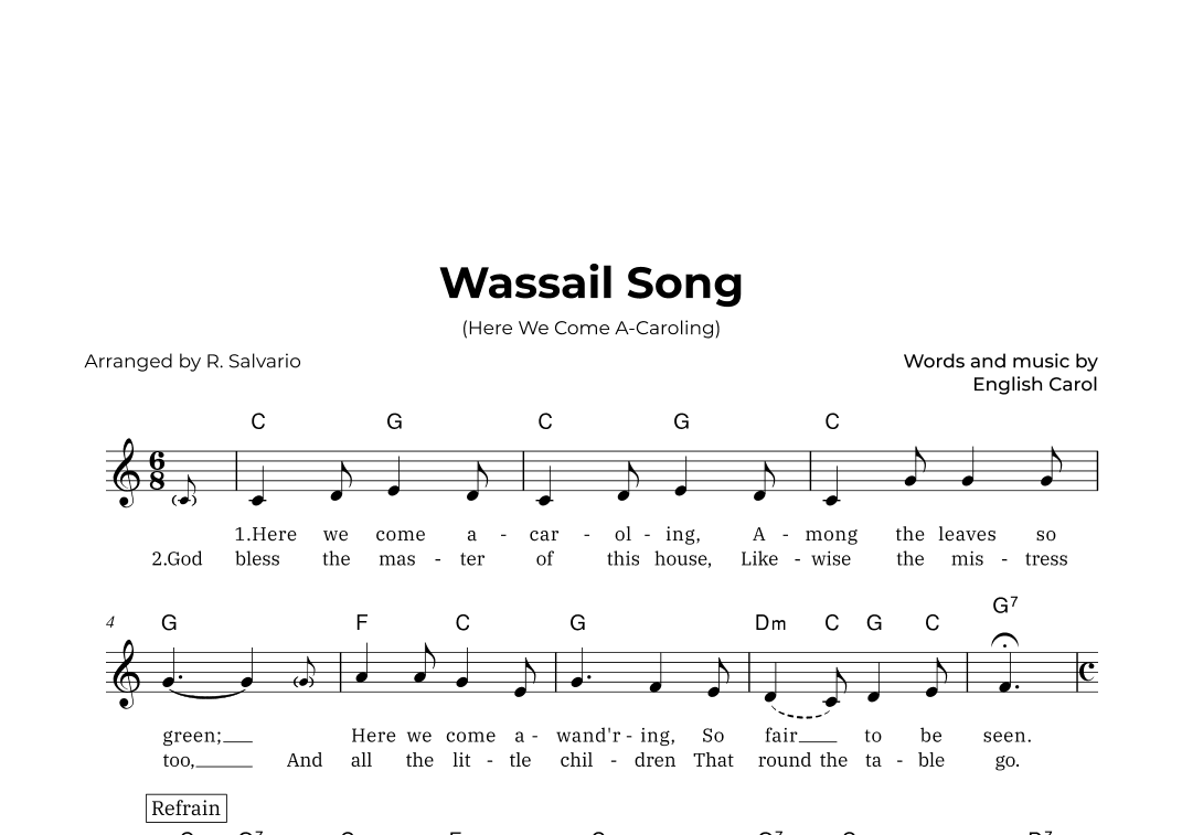 Wassail Song (Here We Come A-Caroling) - Key of C Major (arr. R. Salvario)
