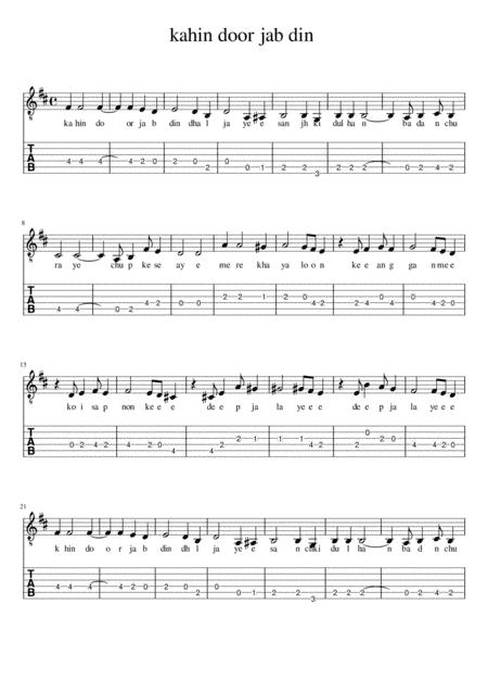 kahin door jab (guitar tab and sheet music)