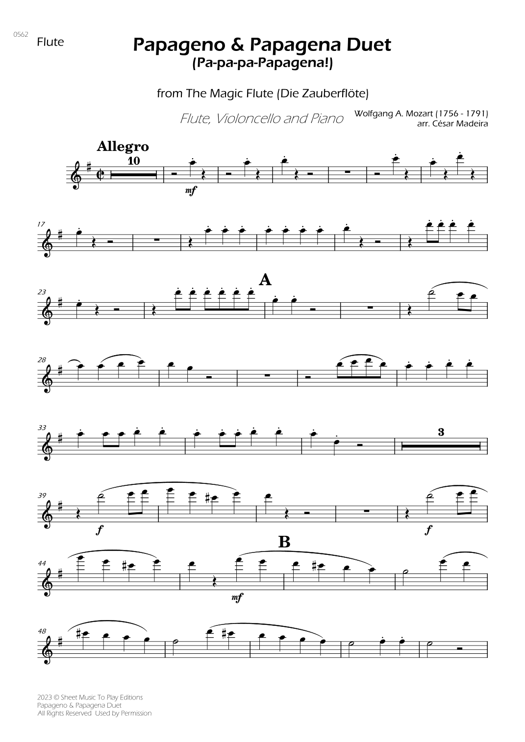 Papageno and Papagena Duet - Flute, Cello and Piano (Individual Parts) (arr. César Madeira)