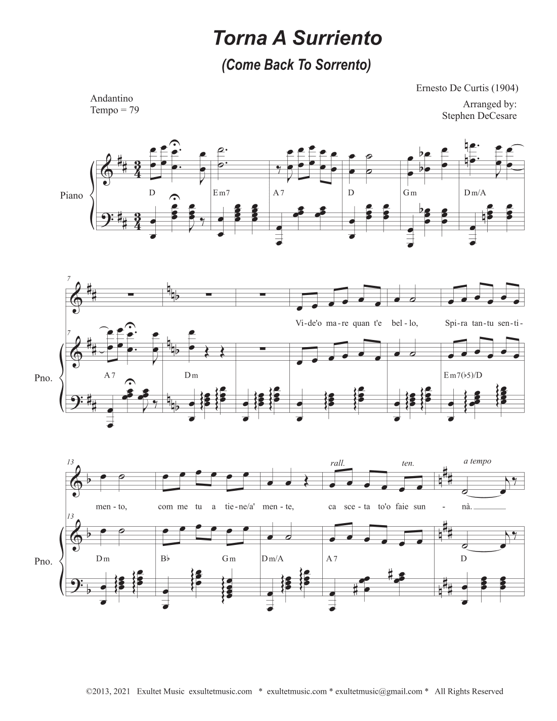 Torna A Surriento (Come Back to Sorrento) (Vocal solo - High Key) (arr. Stephen DeCesare)