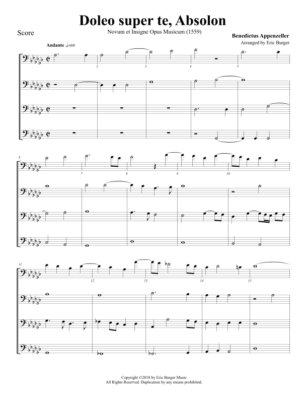 Doleo super te, Absolon for Trombone or Low Brass Quartet (arr. Eric Burger Music)
