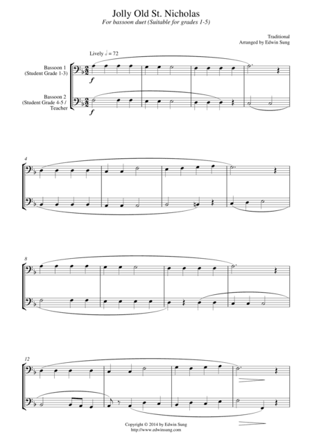 Jolly Old St. Nicholas (for bassoon duet, suitable for grades 1-5) (arr. Edwin Sung)