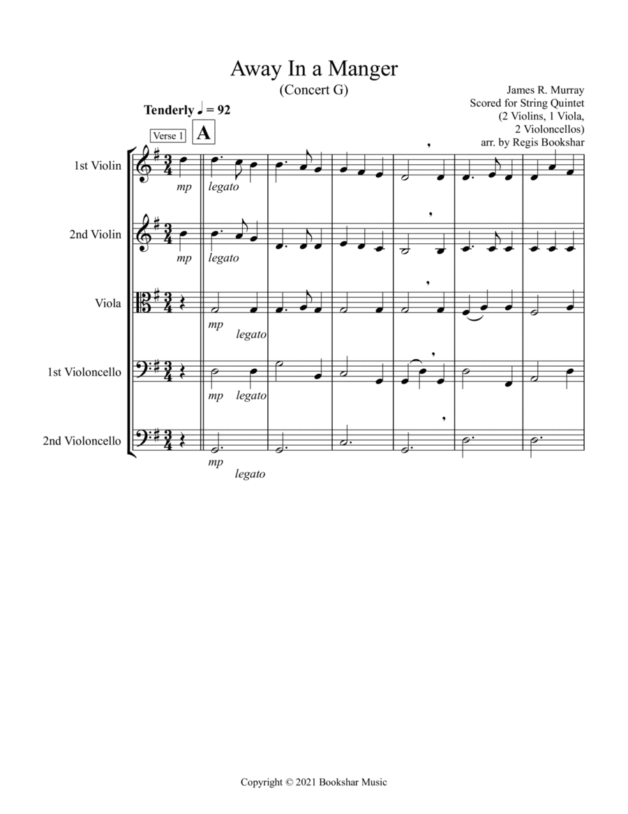 Away in a Manger (G) (String Quintet - 2 Violins, 1 Viola, 2 Cellos) (arr. Regis Bookshar)