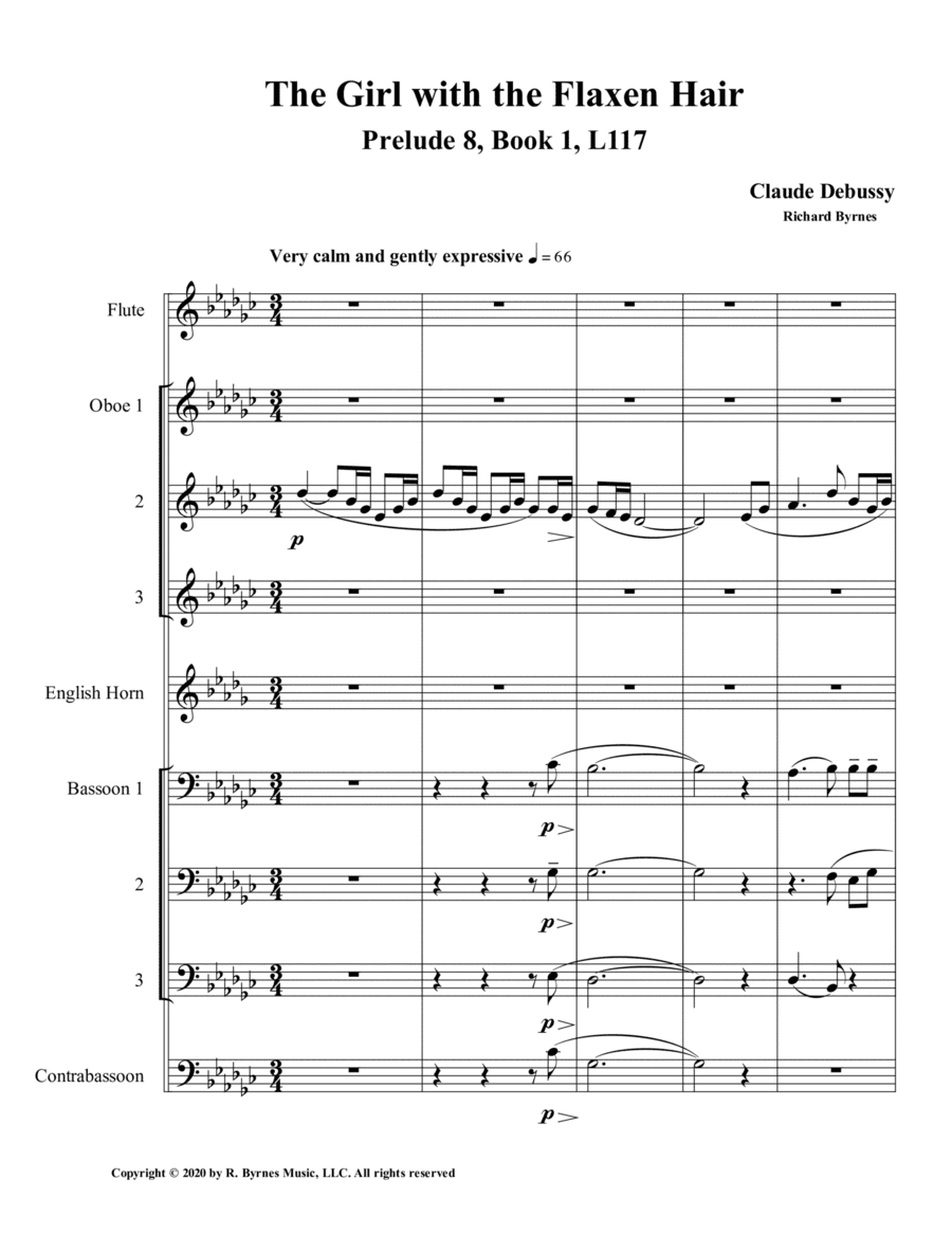 The Girl with the Flaxen Hair, Prelude 8, Book 1 by Claude Debussy (Double Reed Octet + Flute) (arr. Richard Byrnes)