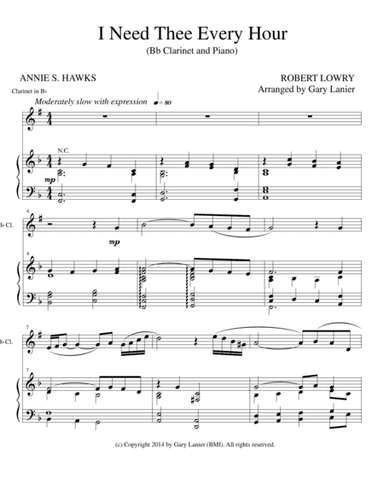 I NEED THEE EVERY HOUR (Bb Clarinet Solo with Piano and Clarinet Part) (arr. Gary Lanier)