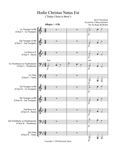 Hodie Christus Natus Est (2 Brass Quintets - 4 Trp, 2 Hrn, 2 Trb, 2 Tuba) (arr. Regis Bookshar)