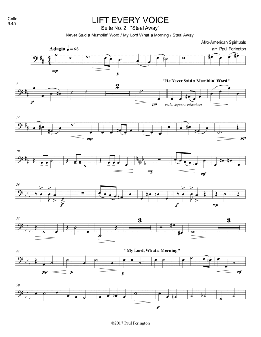 Suite #2 Steal Away from LIFT EVERY VOICE Spirituals for String Quartet:   inc.  Never Said a Mum (arr. Paul Ferington)