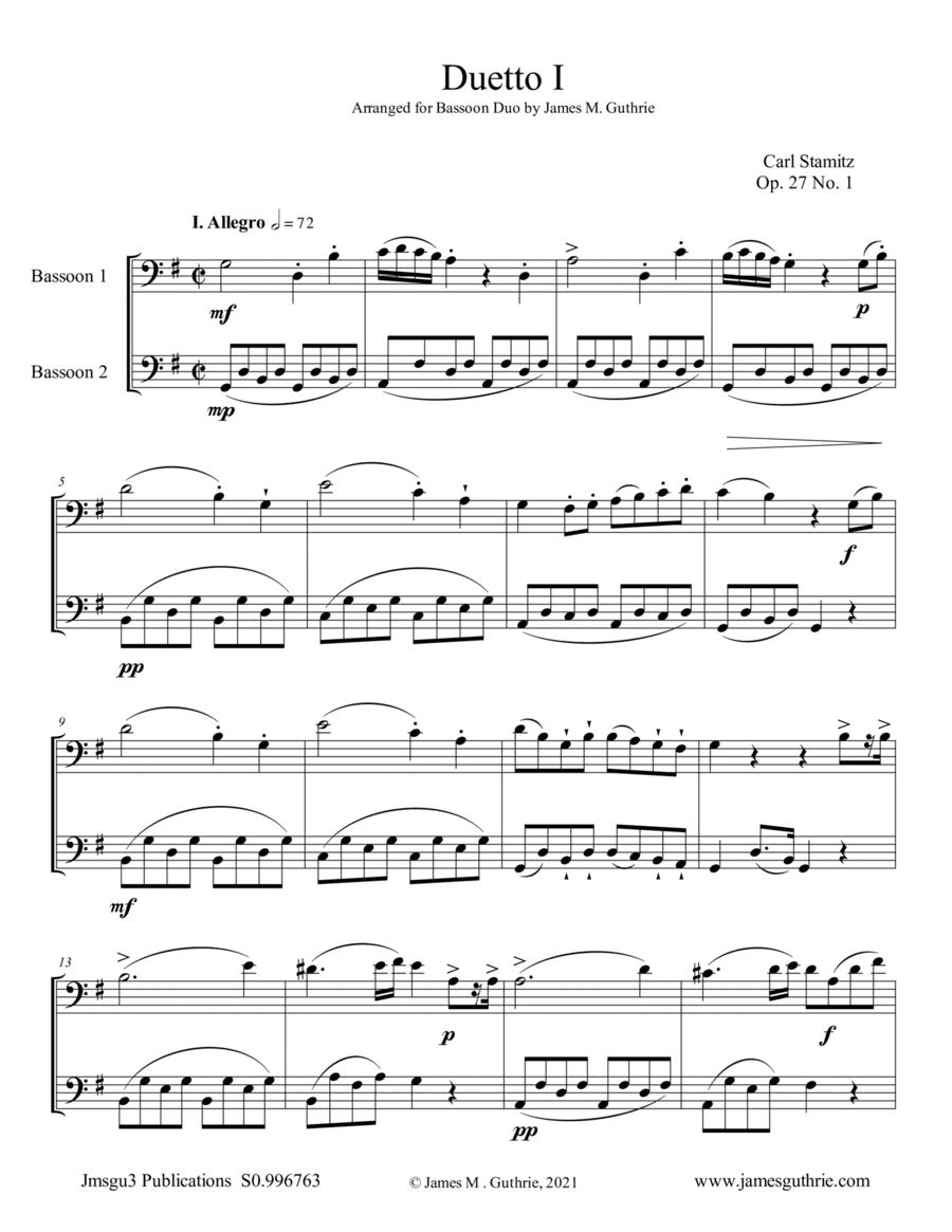 Stamitz: Six Duets Op. 27 Complete for Bassoon Duo (arr. James M. Guthrie)