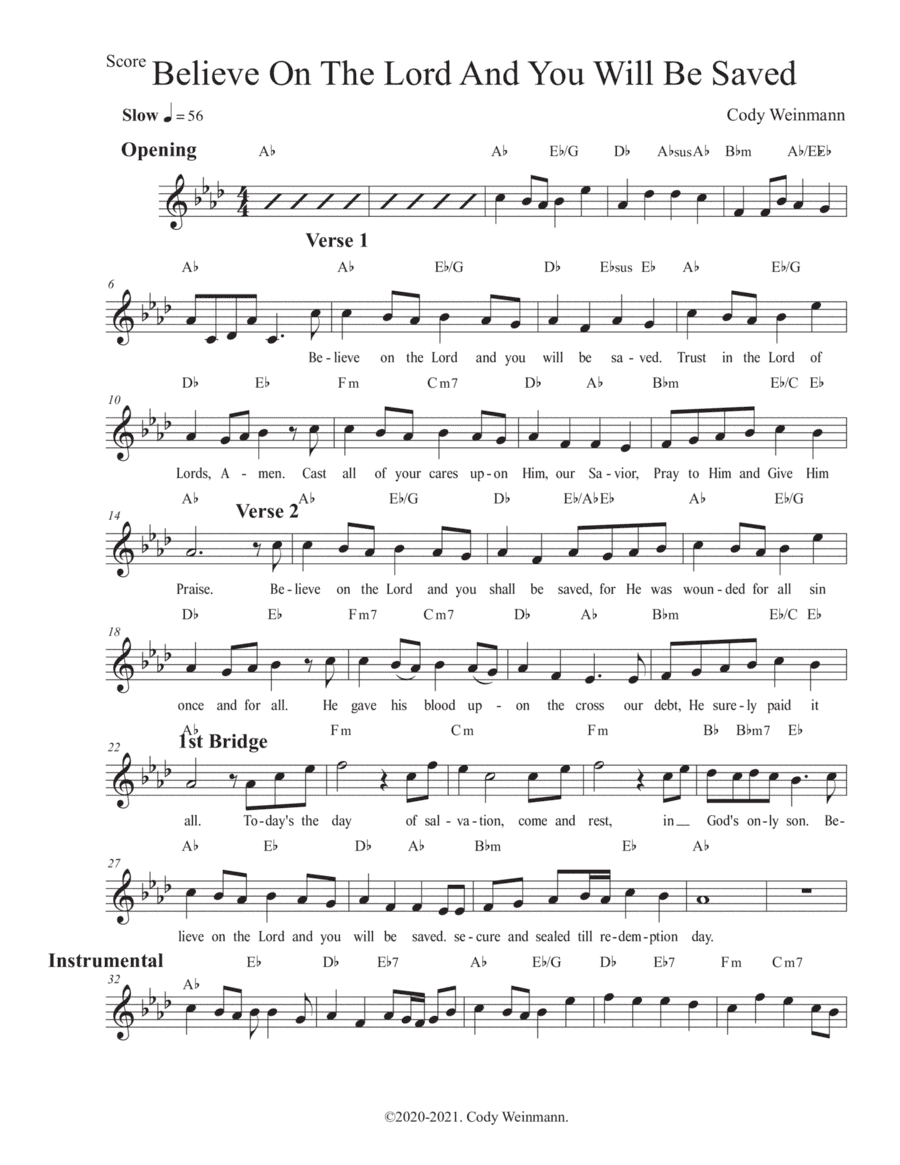 Believe On The Lord And You Will Be Saved - A-flat