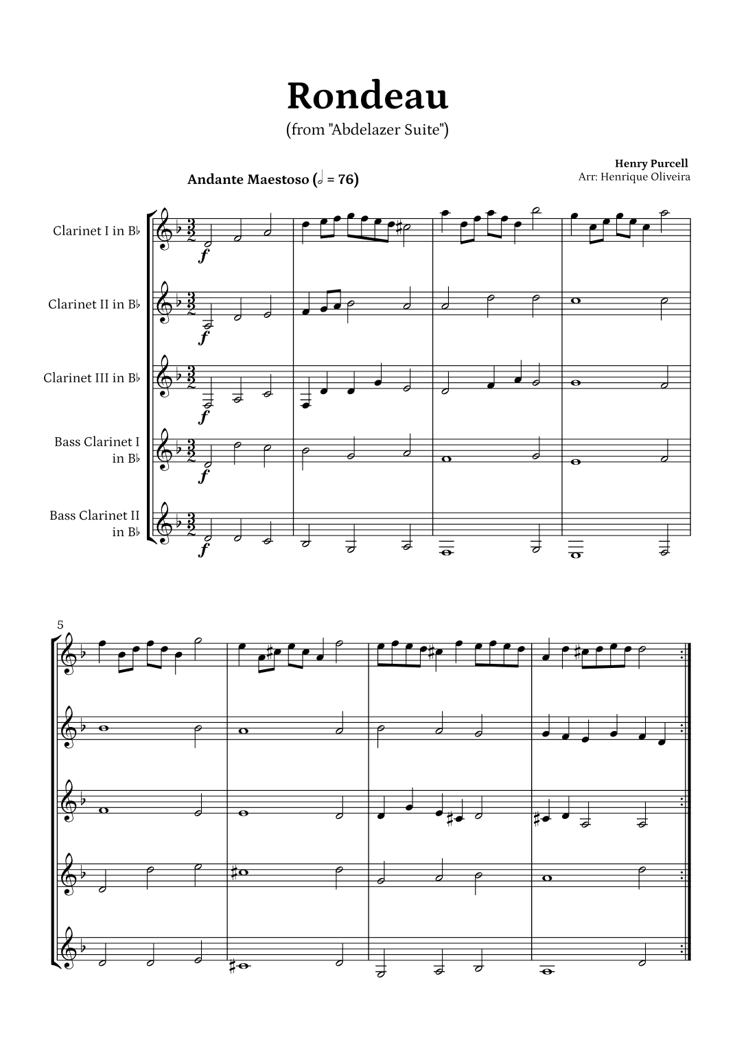 Rondeau from "Abdelazer Suite" by Henry Purcell - (Clarinet Quintet) (arr. Henrique Oliveira)