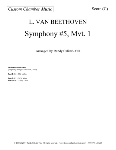 Beethoven Symphony No. 5, Op. 67, Mvt. 1 (violin/cello or violin/viola duet) (arr. Randy Calistri-Yeh)