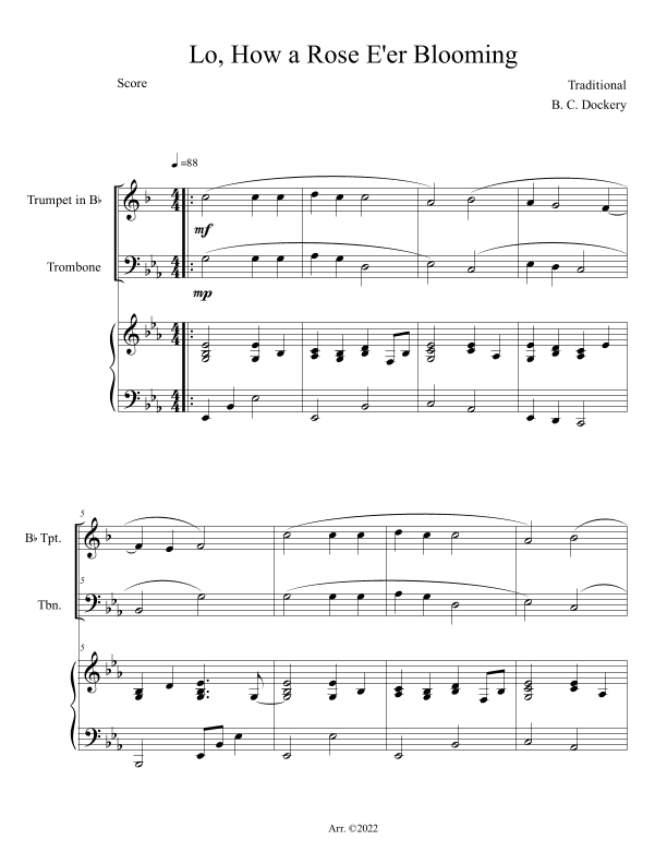 Lo, How a Rose E'er Blooming (Trumpet and Trombone Duet with Piano Accompaniment) (arr. B. C. Dockery)