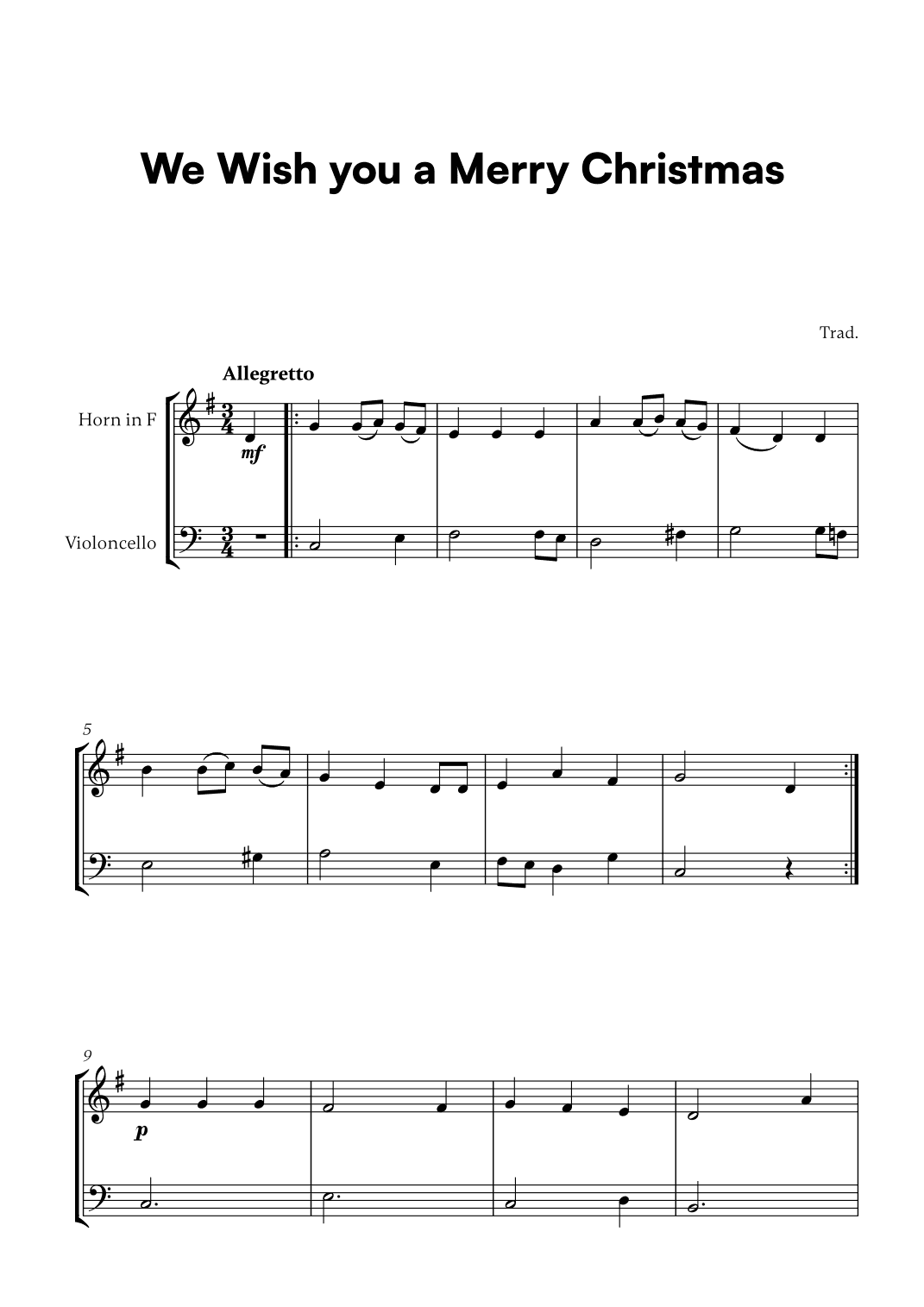 Trad. - We Wish you a Merry Christmas (for French Horn and Cello) (arr. Cadenza Editions)