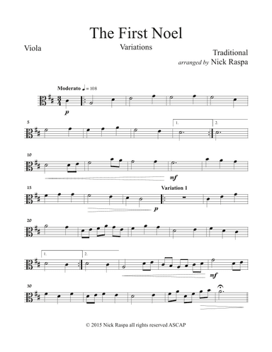 The First Noel (Variations for String Orchestra) Viola part (arr. Nick Raspa)