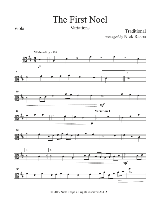 The First Noel (Variations for String Orchestra) Viola part (arr. Nick Raspa)