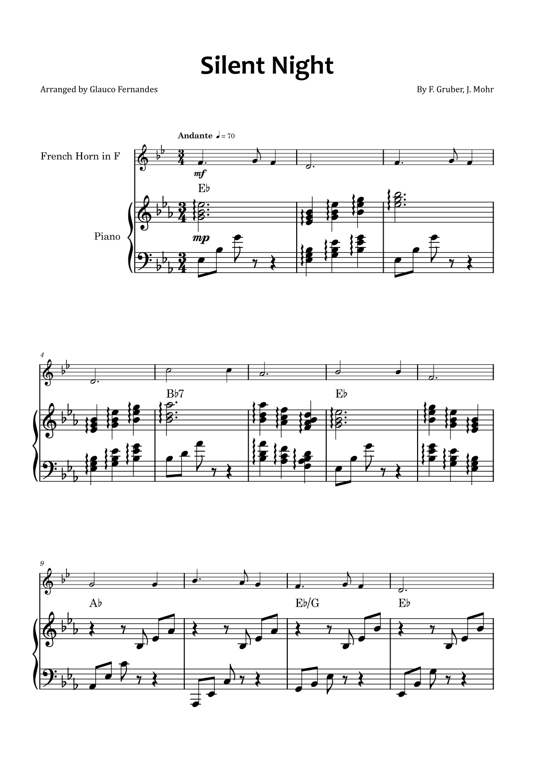 Silent Night - French horn and piano with chord symbols (arr. Glauco Fernandes)