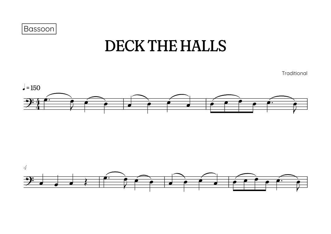 Deck the Halls for bassoon • easy Christmas song sheet music (arr. Benzaiten Editions)