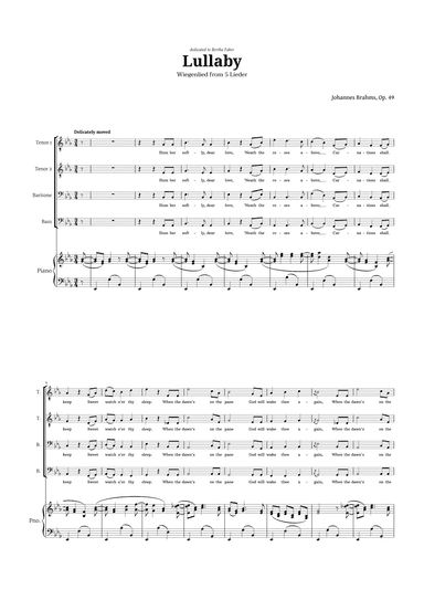 Lullaby by Brahms for TTBB Choir and Piano (arr. Langanho)