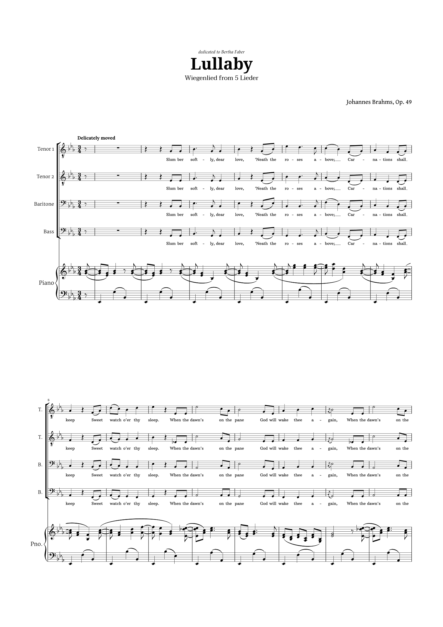 Lullaby by Brahms for TTBB Choir and Piano (arr. Langanho)