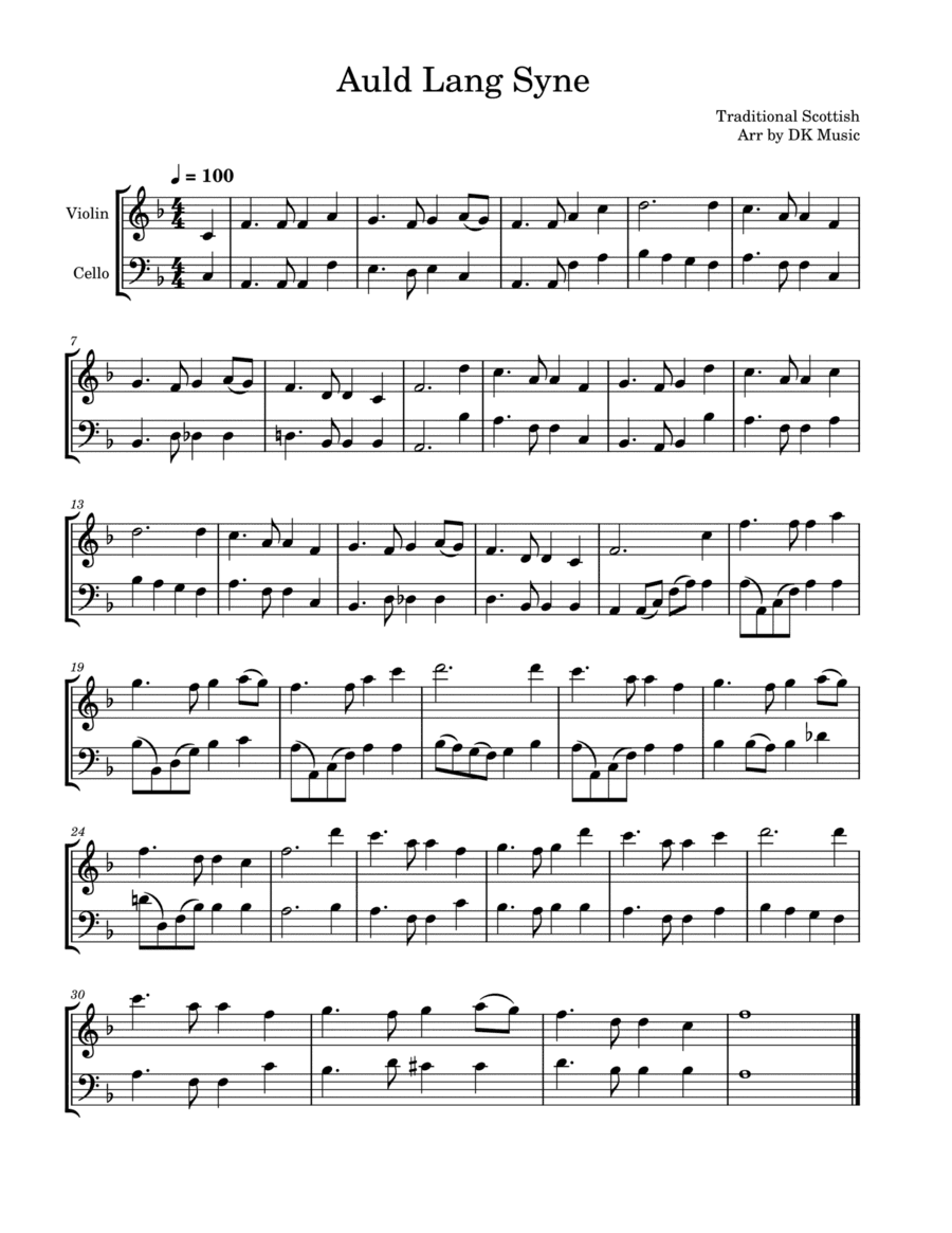 Auld Lang Syne - Violin Cello Duet (arr. DK Music)