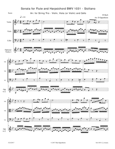Bach: Flute and Harpsichord Sonata BWV 1031; Siciliano arr. for Violin, Viola (or Violin 2) and Cell (arr. D Oppenheim)