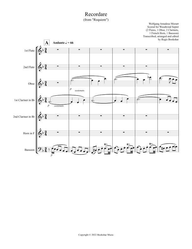 Recordare (from "Requiem") (F) (Woodwind Septet - 2 Flutes, 1 Oboe, 2 Clar, 1 Hrn, 1 Bassoon) (arr. Regis Bookshar)