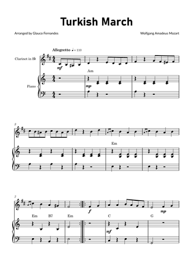 Turkish March by Mozart - Clarinet and Piano with Chord Notations (arr. Glauco Fernandes)