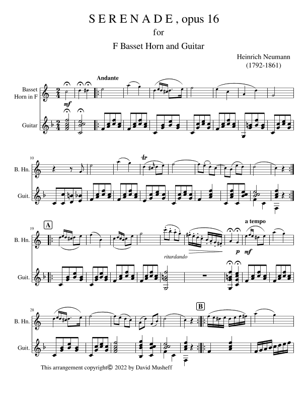 Serenade, opus 16 for Basset Horn and Guitar (arr. D. Musheff)