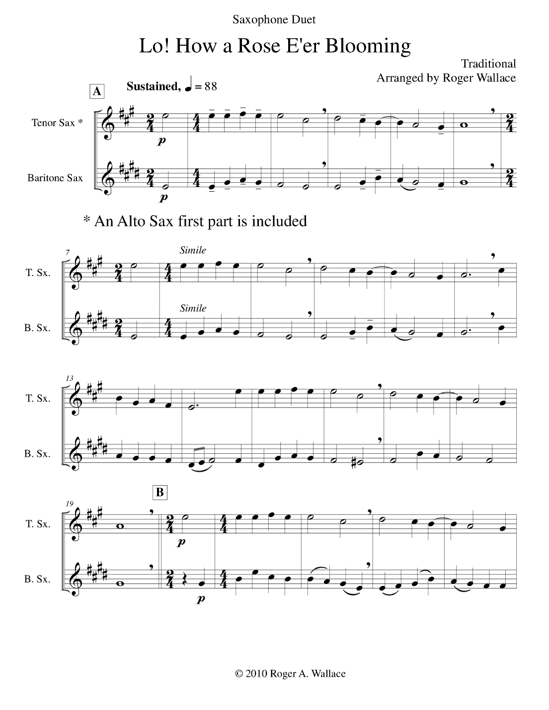 Lo! How a Rose E'er Blooming (Saxophone Duet) (arr. Roger Wallace)