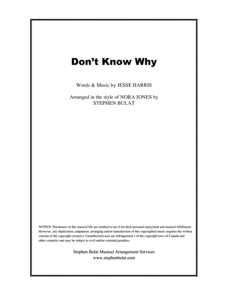 Don't Know Why (arr. Stephen Bulat)