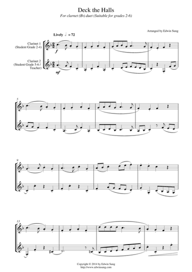 Deck the Halls (for clarinet (Bb) duet, suitable for grades 2-6) (arr. Edwin Sung)