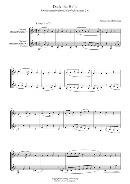 Deck the Halls (for clarinet (Bb) duet, suitable for grades 2-6) (arr. Edwin Sung)