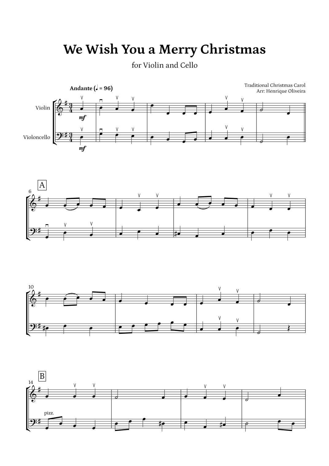 We Wish You a Merry Christmas (Violin and Cello) - Intermediate Level (arr. Henrique Oliveira)