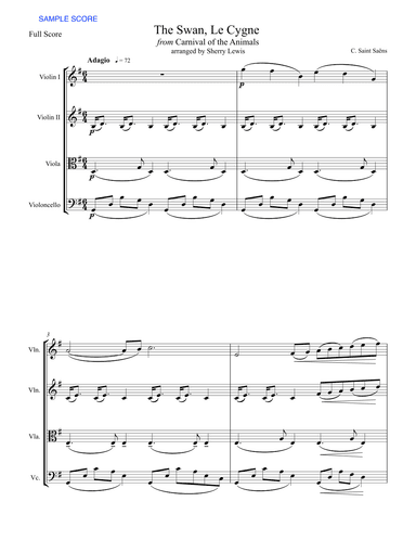 THE SWAN, LE CYGNE from 'Carnival of the Animals' for STRING QUARTET (arr. Sherry Lewis)