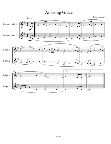 Amazing Grace for trumpet duet (arr. B C Dockery)