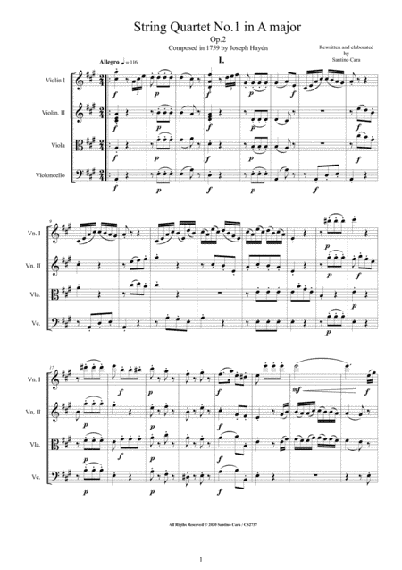 Haydn - String Quartet No.1 in A major Op.2 - Complete Score and Parts (arr. Santino Cara)