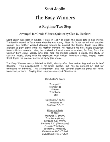 The Easy Winners (Brass Quintet) (arr. Glen D. Lienhart)