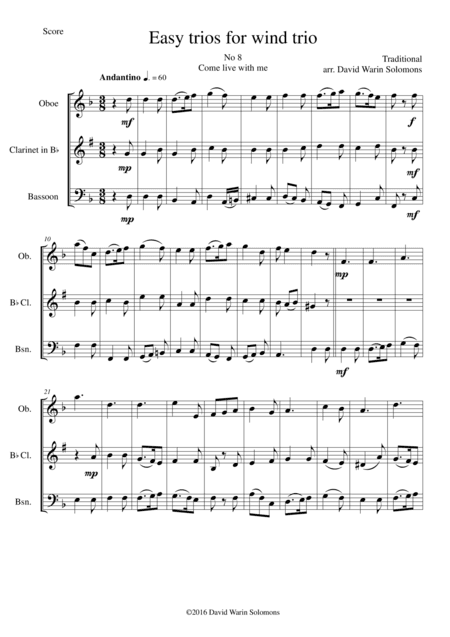 Come live with me for wind trio (oboe, clarinet, bassoon) (arr. David Warin Solomons)