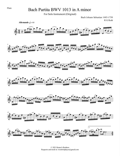 Bach 1723 BWV 1013 Partita in 4 Movements for Flute or Oboe or Clarinet or Saxophone or Bassoon Solo (arr. R G Roth)
