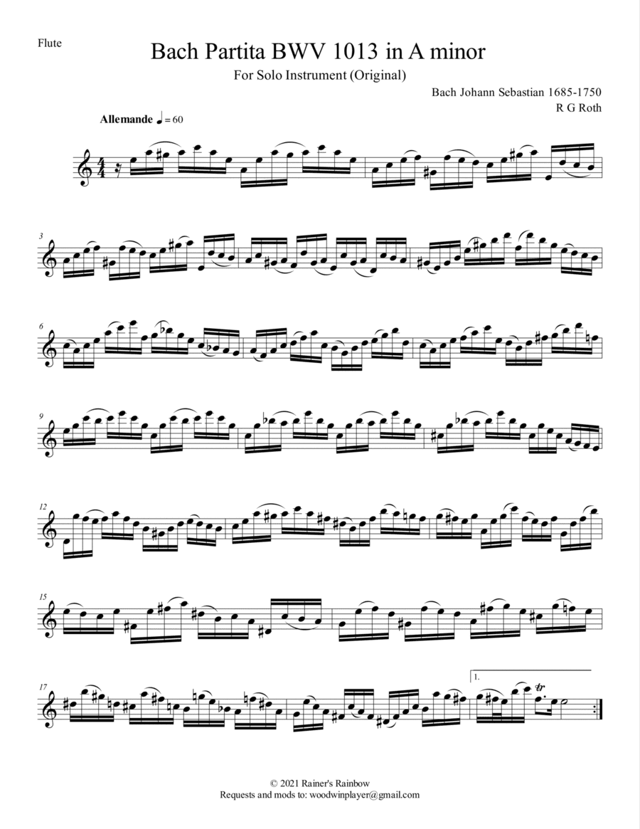 Bach 1723 BWV 1013 Partita in 4 Movements for Flute or Oboe or Clarinet or Saxophone or Bassoon Solo (arr. R G Roth)