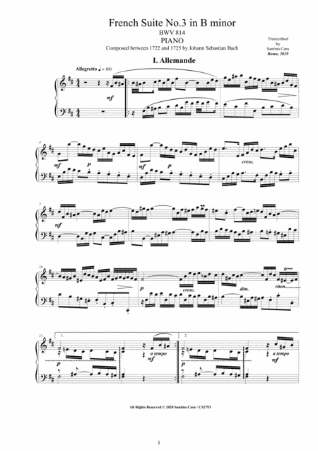 Bach - French Suite No.3 in B minor BWV 814 for Piano (arr. Santino Cara)
