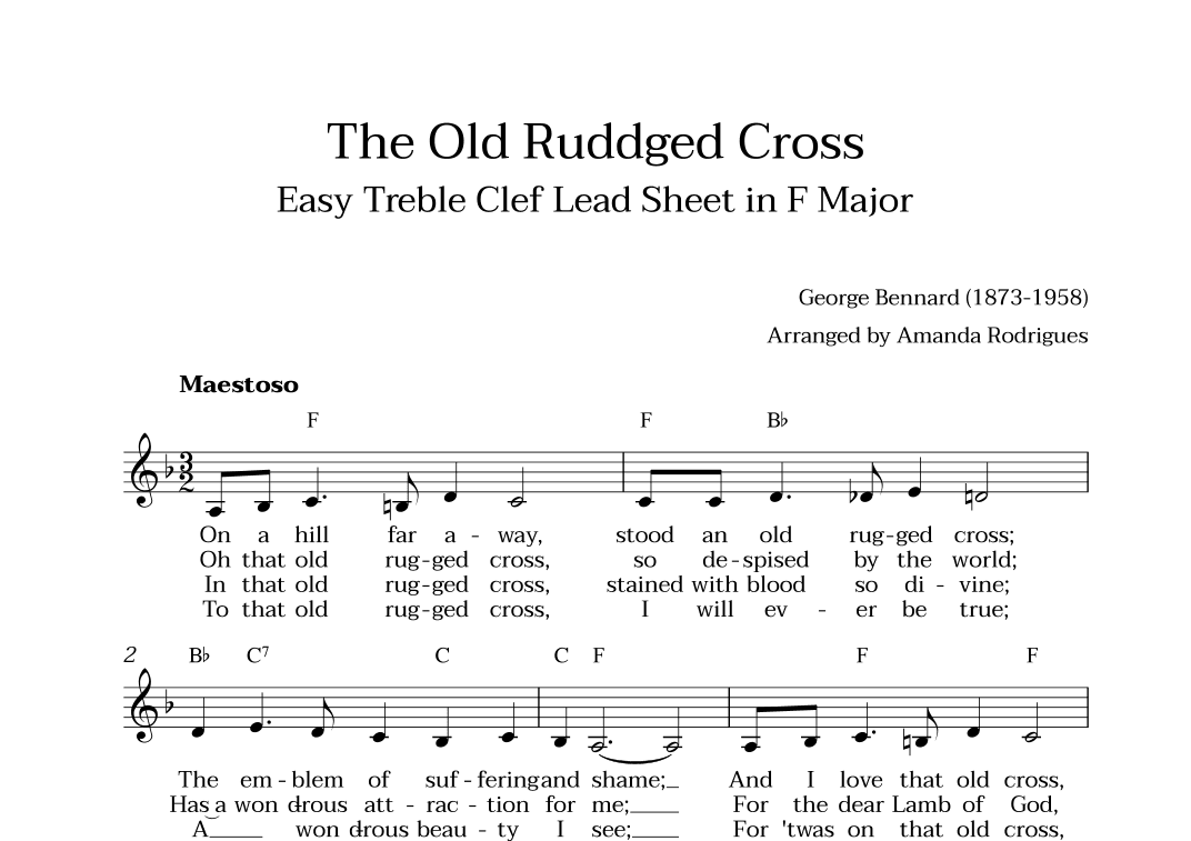 The Old Rugged Cross in F Major - Easy Treble Clef Lead Sheet (arr. Amanda Cerqueira Rodrigues)