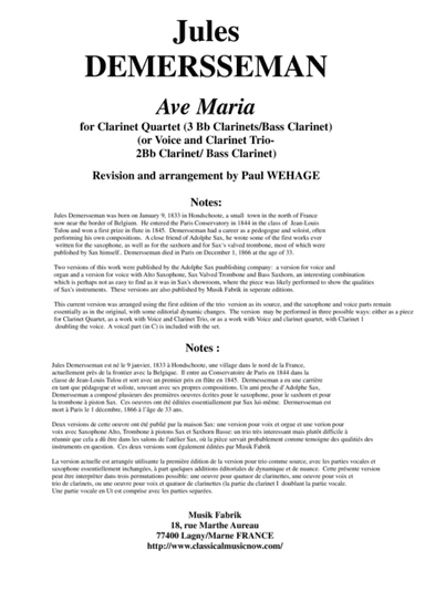 Jules Demersseman : Ave Maria for 3 Bb clarinets and bass clarinet (or medium voice, 2 Bb clarinets (arr. Musik Fabrik Music Publishing)