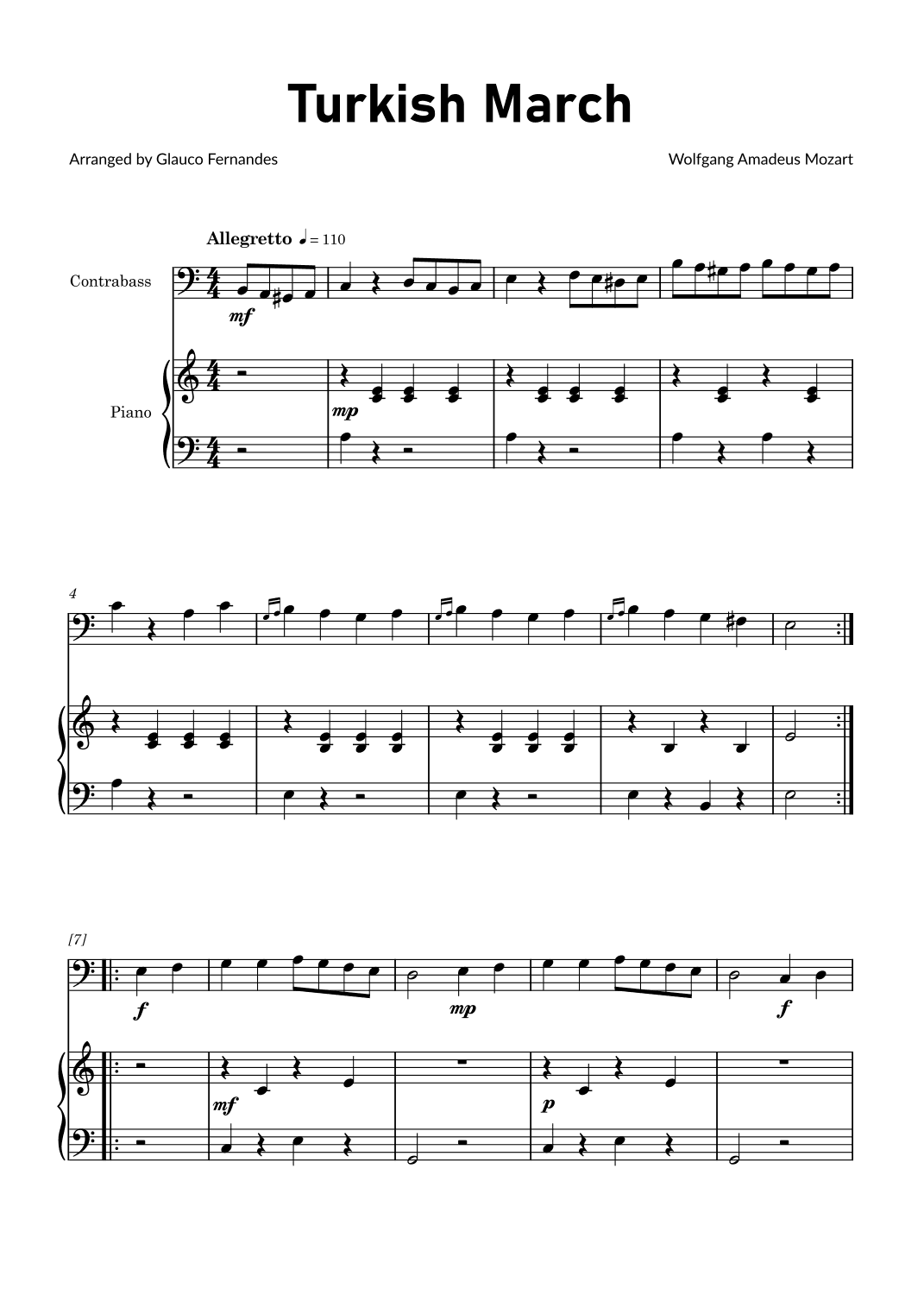 Turkish March by Mozart - Double Bass and Piano (arr. Glauco Fernandes)